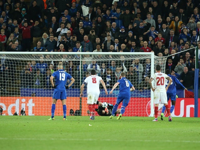 Kasper Schmeichel saves Steven N'Zonzi's penalty during the Champions League match between Leicester City and Sevilla on March 14, 2017