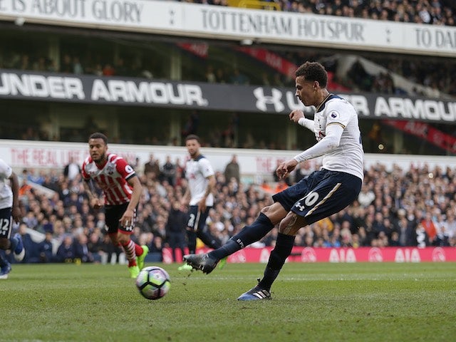 Dele Alli scores from the spot during the Premier League game between Tottenham Hotspur and Southampton on March 19, 2017