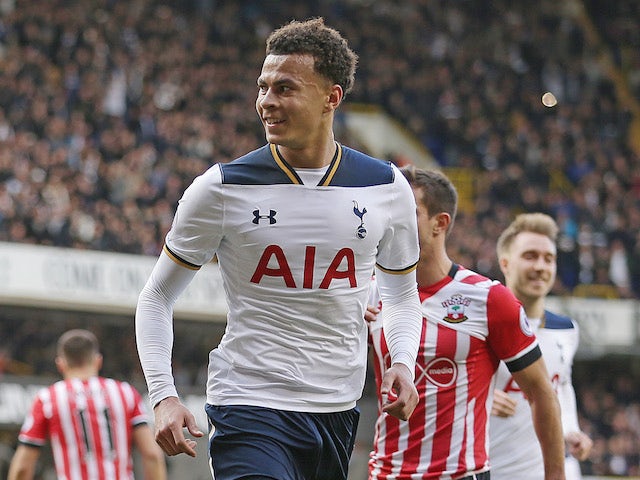 Dele Alli celebrates scoring during the Premier League game between Tottenham Hotspur and Southampton on March 19, 2017