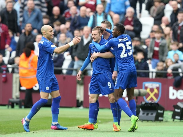 Jamie Vardy celebrates scoring during the Premier League game between West Ham United and Leicester City on March 18, 2017