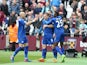 Jamie Vardy celebrates scoring during the Premier League game between West Ham United and Leicester City on March 18, 2017