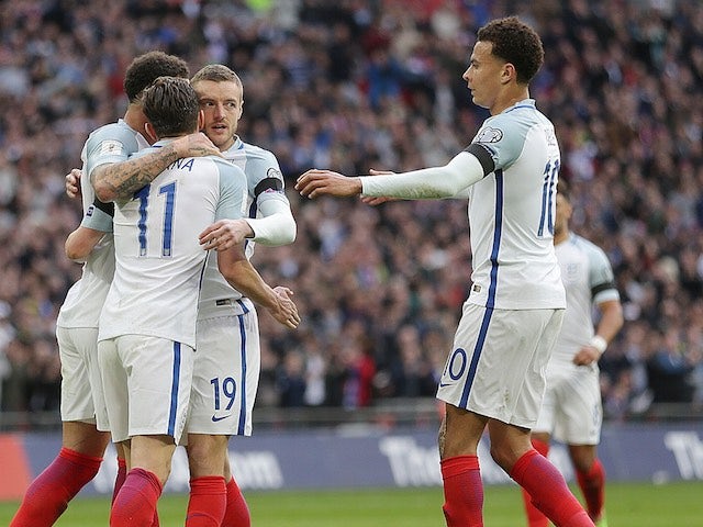 Jamie Vardy celebrates scoring during the World Cup qualifier between England and Lithuania on March 26, 2017