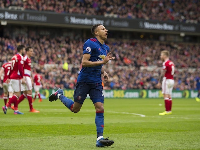 Jesse Lingard celebrates scoring during the Premier League game between Middlesbrough and Manchester United on March 19, 2017