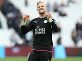 An excited Kasper Schmeichel in action during the Premier League game between West Ham United and Leicester City on March 18, 2017