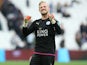 An excited Kasper Schmeichel in action during the Premier League game between West Ham United and Leicester City on March 18, 2017