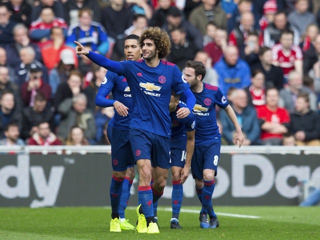 Marouane Fellaini celebrates scoring during the Premier League game between Middlesbrough and Manchester United on March 19, 2017