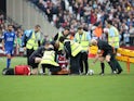 Pedro Obiang is stretchered off during the Premier League game between West Ham United and Leicester City on March 18, 2017