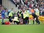 Pedro Obiang is stretchered off during the Premier League game between West Ham United and Leicester City on March 18, 2017