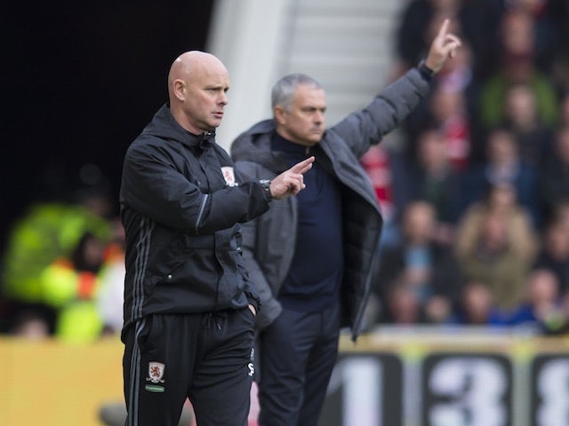 Steve Agnew and Jose Mourinho on the touchline during the Premier League game between Middlesbrough and Manchester United on March 19, 2017