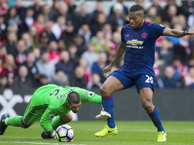A slip-up from Victor Valdes allows Antonio Valencia to score during the Premier League game between Middlesbrough and Manchester United on March 19, 2017