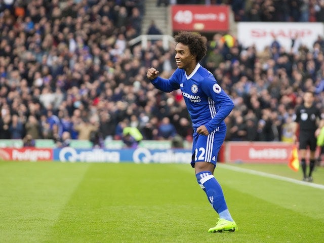 Willian celebrates scoring during the Premier League game between Stoke City and Chelsea on March 18, 2017