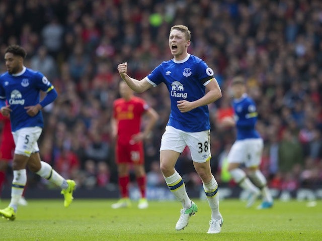 Matthew Pennington celebrates equalising during the Premier League game between Liverpool and Everton on April 1, 2017