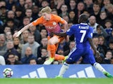 N'Golo Kante gropes Kevin De Bruyne during the Premier League game between Chelsea and Manchester City on April 5, 2017
