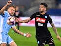 Ciro Immobile and Elseid Hysaj during the Serie A match between Napoli and Lazio on April 9, 2017