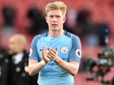 Man of the match Kevin De Bruyne applauds after the Premier League game between Southampton and Manchester City on April 15, 2017`