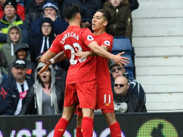 Roberto Firmino celebrates scoring with Emre Can during the Premier League game between West Bromwich Albion and Liverpool on April 16, 2017