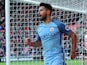 Sergio Aguero celebrates netting the third during the Premier League game between Southampton and Manchester City on April 15, 2017`