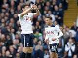 Son Heung-min celebrates scoring during the Premier League game between Tottenham Hotspur and Bournemouth on April 15, 2017