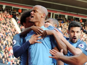 Vincent Kompany celebrates scoring during the Premier League game between Southampton and Manchester City on April 15, 2017`