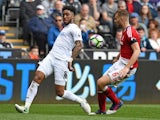 Middlesbrough's Ben Gibson and Swansea City's Leroy Fer during the Premier League match on April 2, 2017