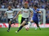 Eric Dier and Pedro tussle during the FA Cup semi-final between Chelsea and Tottenham Hotspur on April 22, 2017