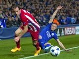 Jamie Vardy tussles with Diego Godin during the Champions League quarter-final second leg between Leicester City and Atletico Madrid on April 18, 2017