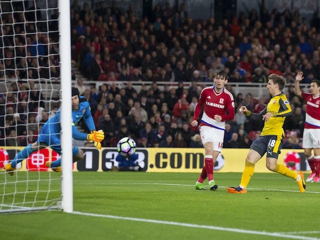 Marten de Roon scores an offside goal during the Premier League game between Middlesbrough and Arsenal on April 17, 2017