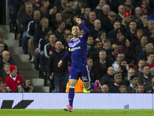 Sofiane Hanni celebrates scoring during the Europa League game between Manchester United and Anderlecht on April 20, 2017