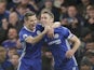 Gary Cahill celebrates with Cesar Azpilicueta during the Premier League game between Chelsea and Southampton on April 25, 2017