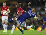 Youri Tielemans and Paul Pogba during the Europa League match between Manchester United and Anderlecht on April 20, 2017