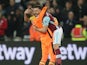 West Ham United's Adrian and Robert Snodgrass celebrate victory over Tottenham Hotspur on May 5, 2017