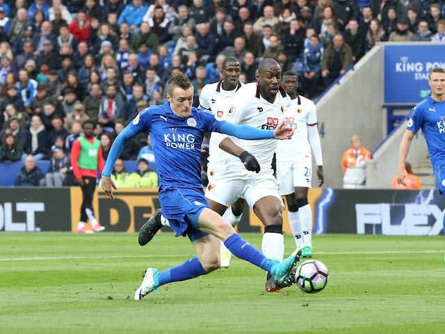 Jamie Vardy has a shot during the Premier League game between Leicester City and Watford on May 6, 2017