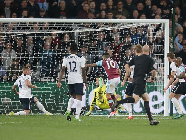 Manuel Lanzini of West Ham United scores against Tottenham Hotspur in the Premier League on May 5, 2017