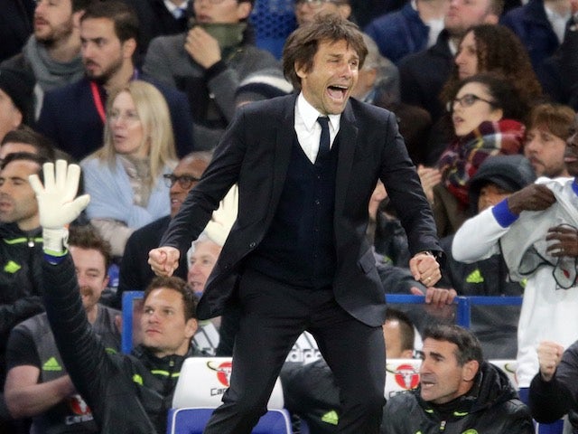 Antonio Conte celebrates as Nemanja Matic makes it three during the Premier League game between Chelsea and Middlesbrough on May 8, 2017