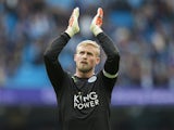 Kasper Schmeichel applauds after the Premier League game between Manchester City and Leicester City on May 13, 2017