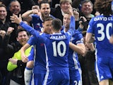 Nemanja Matic celebrates scoring with Eden Hazard during the Premier League game between Chelsea and Middlesbrough on May 8, 2017