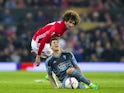 Pablo Hernandez reacts to a challenge by Marouane Fellaini during the Europa League match between Manchester United and Celta Vigo on May 11, 2017