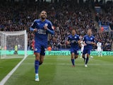 Riyad Mahrez celebrates scoring during the Premier League game between Leicester City and Watford on May 6, 2017