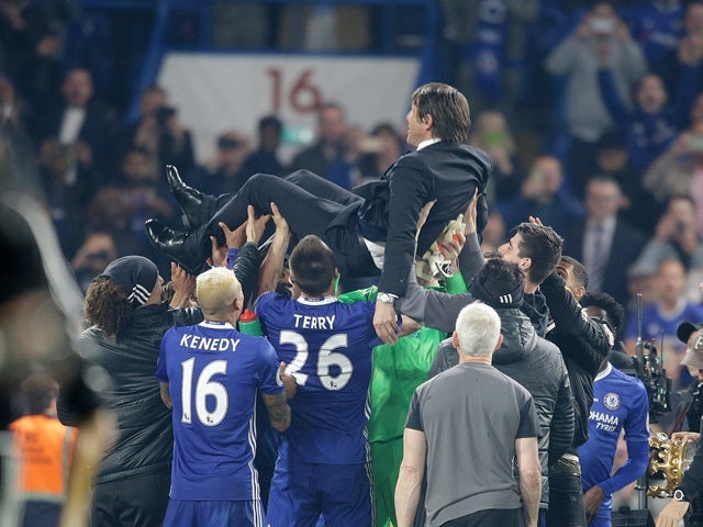 Antonio Conte is held aloft following Chelsea's win over Watford on May 15, 2017
