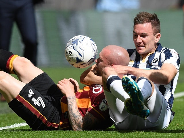 Jed Lawrence and Nicky Law during the League One playoff final between Bradford City and Millwall on May 20, 2017