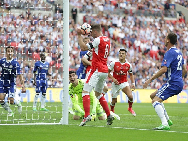 Arsenal's Aaron Ramsey fails to score from close range in the FA Cup final against Chelsea on May 27, 2017