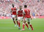 Alexis Sanchez is congratulated by Granit Xhaka after scoring during the FA Cup final between Arsenal and Chelsea on May 27, 2017