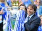 Antonio Conte poses with the trophy during the Premier League game between Chelsea and Sunderland on May 21, 2017
