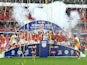 Blackpool players celebrate promotion to League One on May 28, 2017