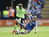 Marc Albrighton fouls Jordon Ibe during the Premier League game between Leicester City and Bournemouth on May 21, 2017