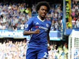 Willian celebrates scoring the Blues' first during the Premier League game between Chelsea and Sunderland on May 21, 2017