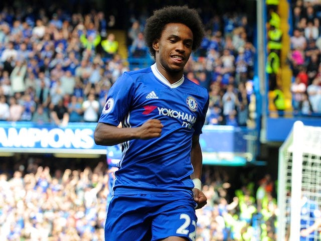 Willian celebrates scoring the Blues' first during the Premier League game between Chelsea and Sunderland on May 21, 2017