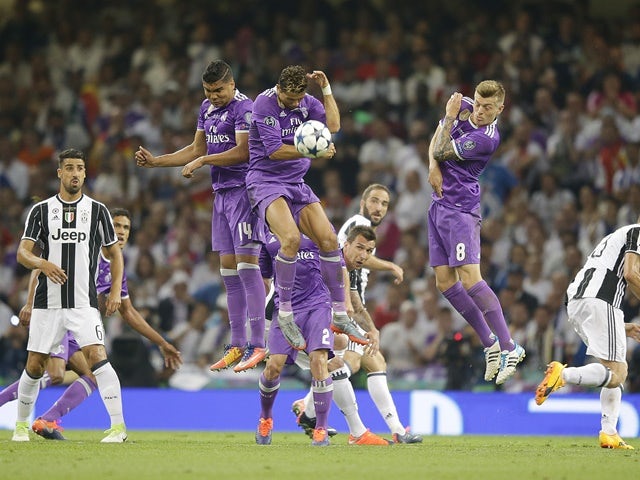 Cristiano Ronaldo blocks a free kick during the Champions League final between Real Madrid and Juventus on June 3, 2017