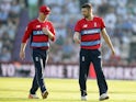 Eoin Morgan and Mark Wood of England during the T20 against South Africa on June 21, 2017