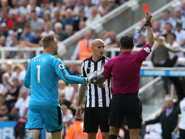 Jonjo Shelvey sees red during the Premier League game between Newcastle United and Tottenham Hotspur on August 13, 2017